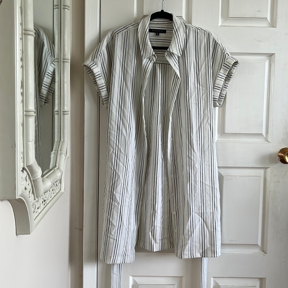 MOVING SALE! Long white stripe button up dress, dynamite, with string